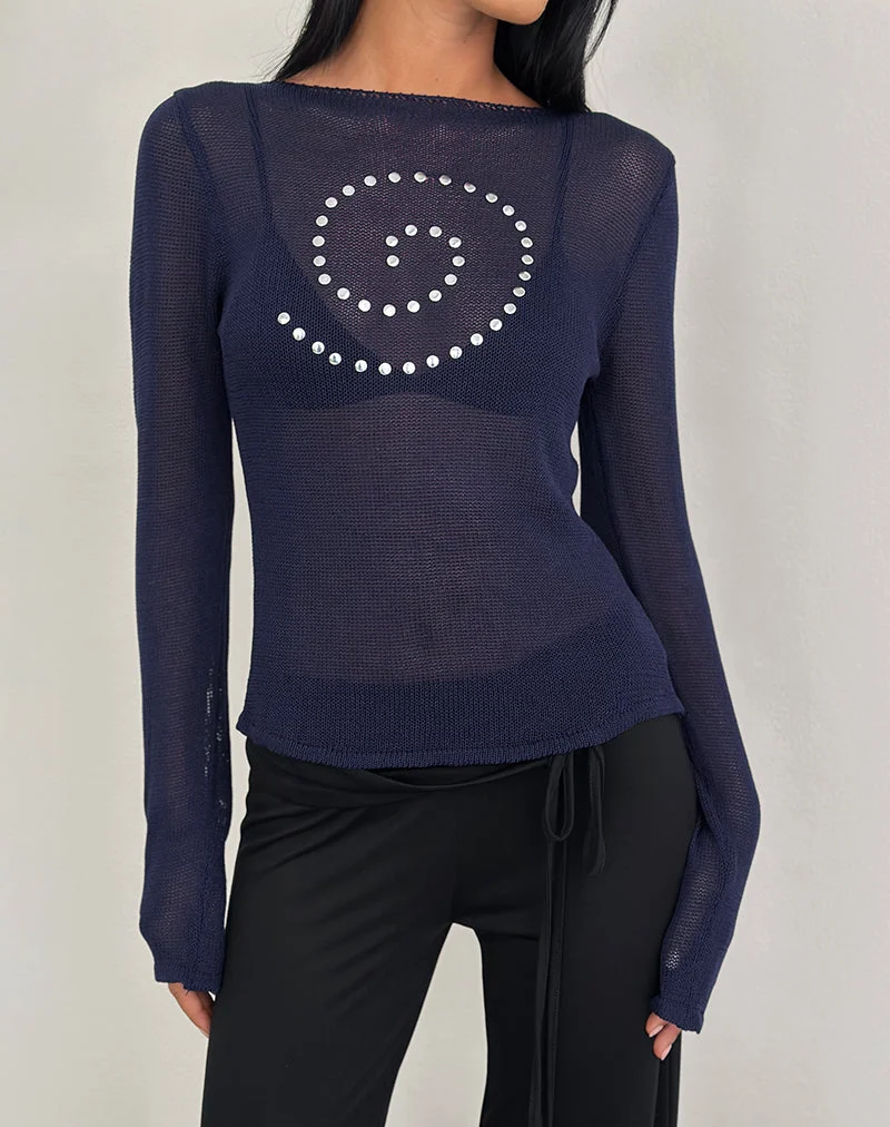 Armali Long Sleeve Top in Stud Sheer Knit Navy (Top à manches longues en maille cloutée et transparente)