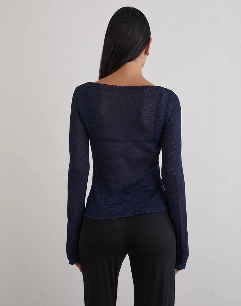 Armali Long Sleeve Top in Stud Sheer Knit Navy (Top à manches longues en maille cloutée et transparente)