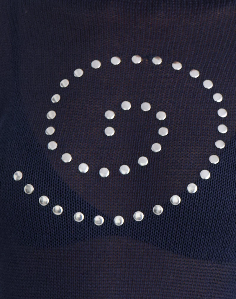 Armali Long Sleeve Top in Stud Sheer Knit Navy (Top à manches longues en maille cloutée et transparente)
