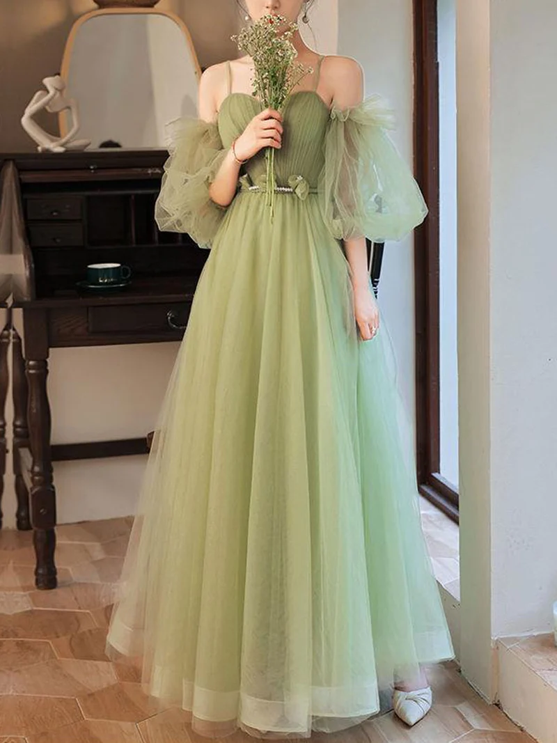 Superbe robe de bal longue verte coupe trapèze pour demoiselles d'honneur et événements officiels