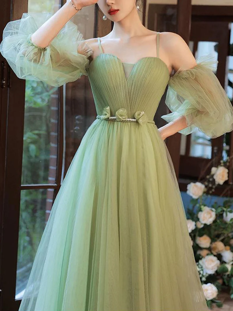 Superbe robe de bal longue verte coupe trapèze pour demoiselles d'honneur et événements officiels