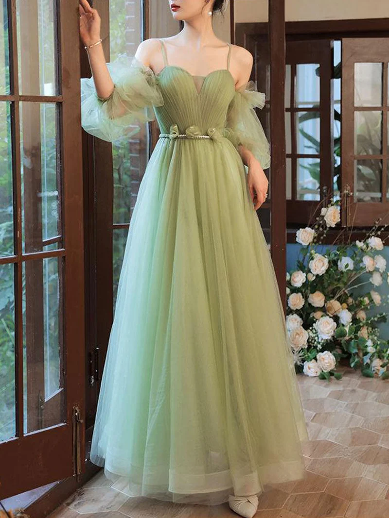 Superbe robe de bal longue verte coupe trapèze pour demoiselles d'honneur et événements officiels