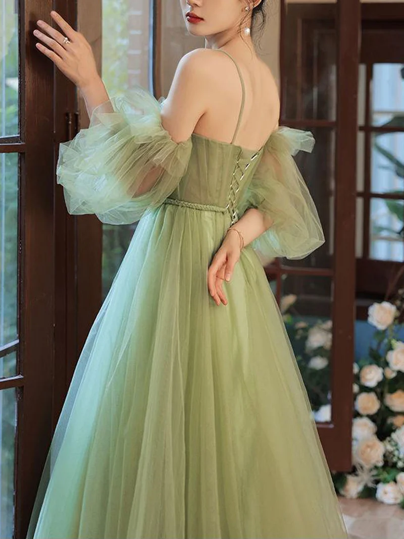 Superbe robe de bal longue verte coupe trapèze pour demoiselles d'honneur et événements officiels