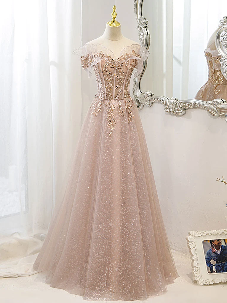Robe de soirée longue en tulle et dentelle champagne