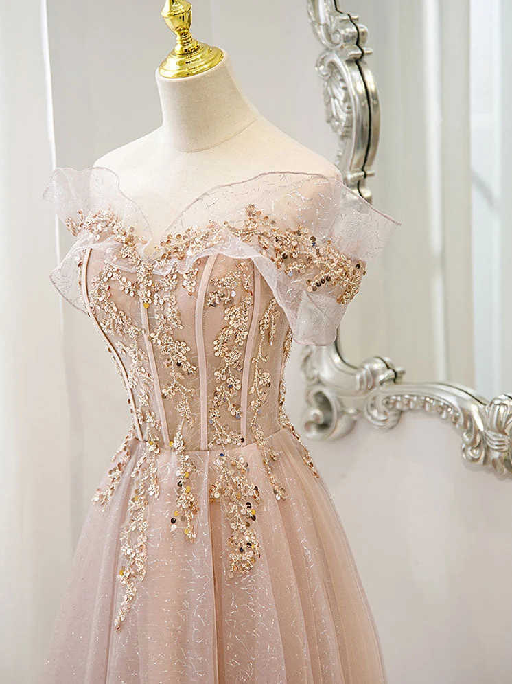 Robe de soirée longue en tulle et dentelle champagne