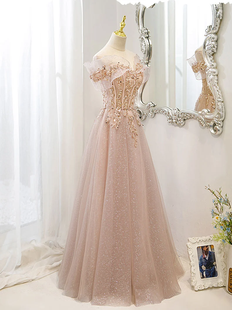 Robe de soirée longue en tulle et dentelle champagne
