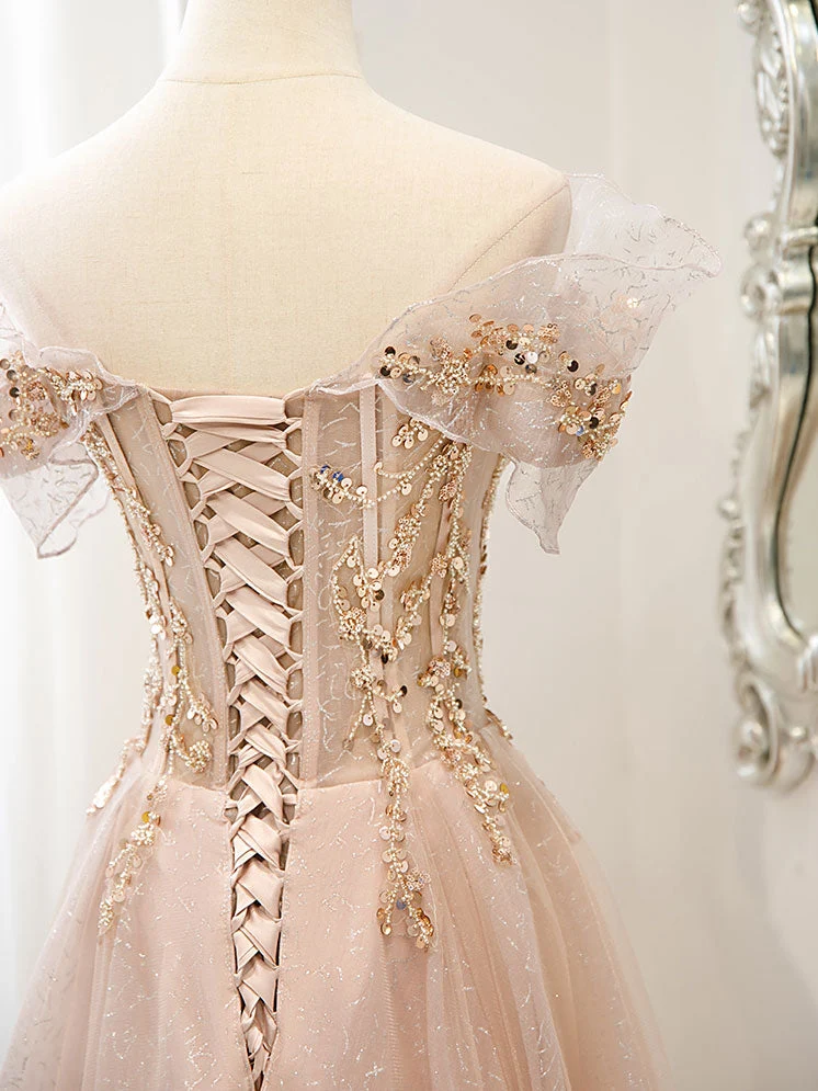 Robe de soirée longue en tulle et dentelle champagne