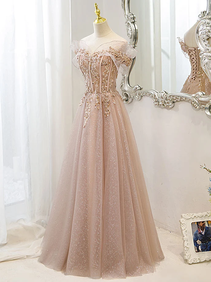 Robe de soirée longue en tulle et dentelle champagne