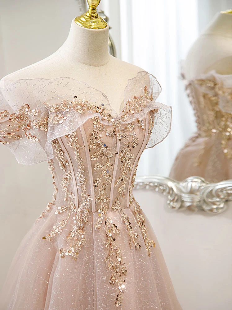 Robe de soirée longue en tulle et dentelle champagne