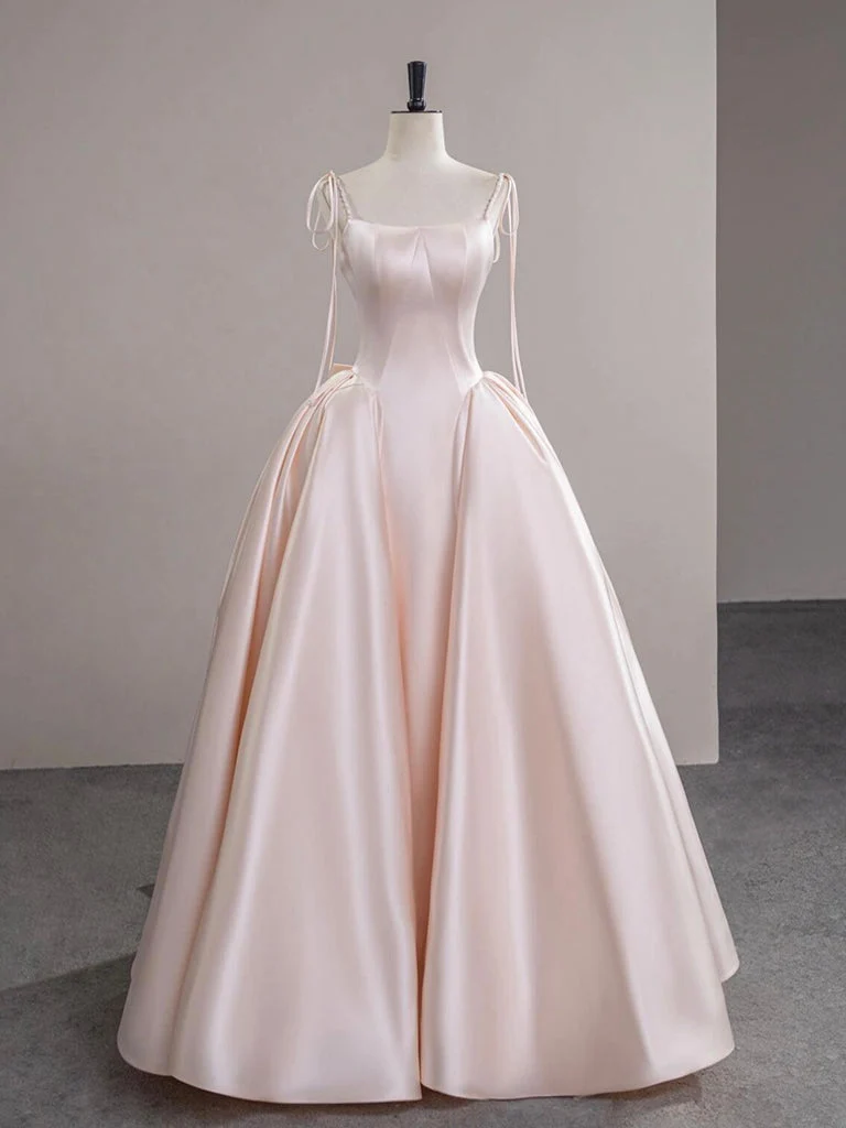 Robe de bal longue élégante en satin rose champagne coupe trapèze