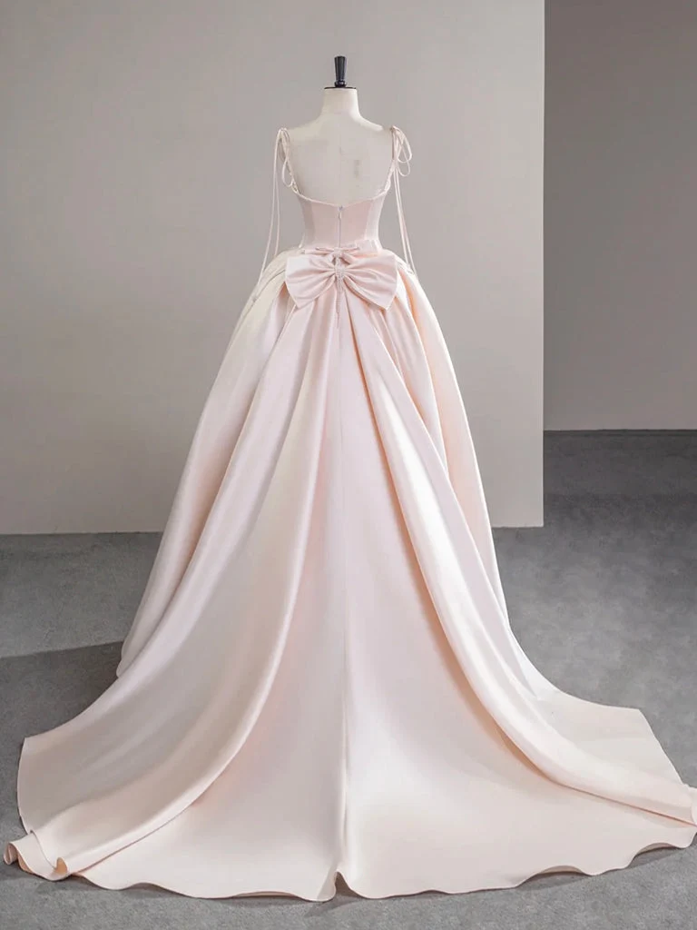 Robe de bal longue élégante en satin rose champagne coupe trapèze