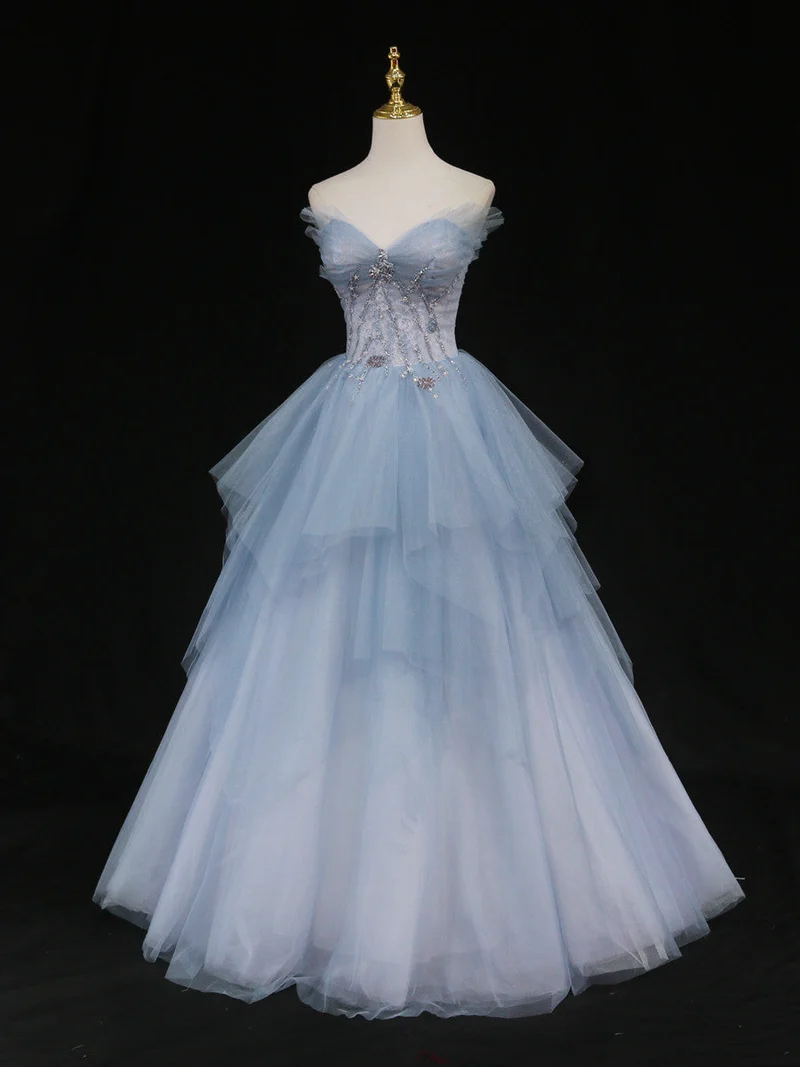 Robe de bal longue en tulle bleu élégant avec col en cœur