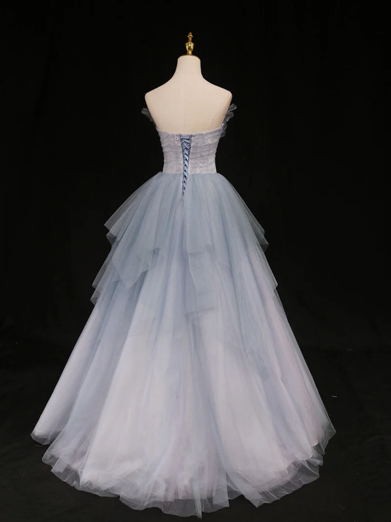 Robe de bal longue en tulle bleu élégant avec col en cœur