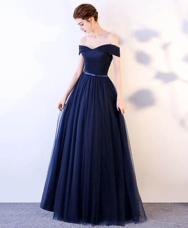 Robe de soirée longue en tulle bleu foncé pour femme, magnifiquement conçue