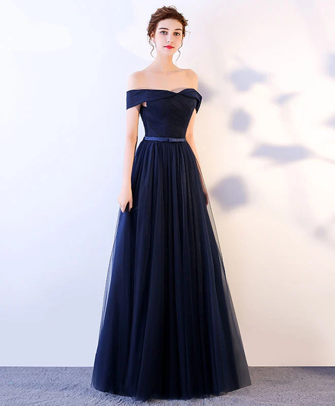 Robe de soirée longue en tulle bleu foncé pour femme, magnifiquement conçue