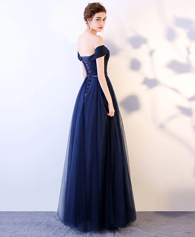 Robe de soirée longue en tulle bleu foncé pour femme, magnifiquement conçue