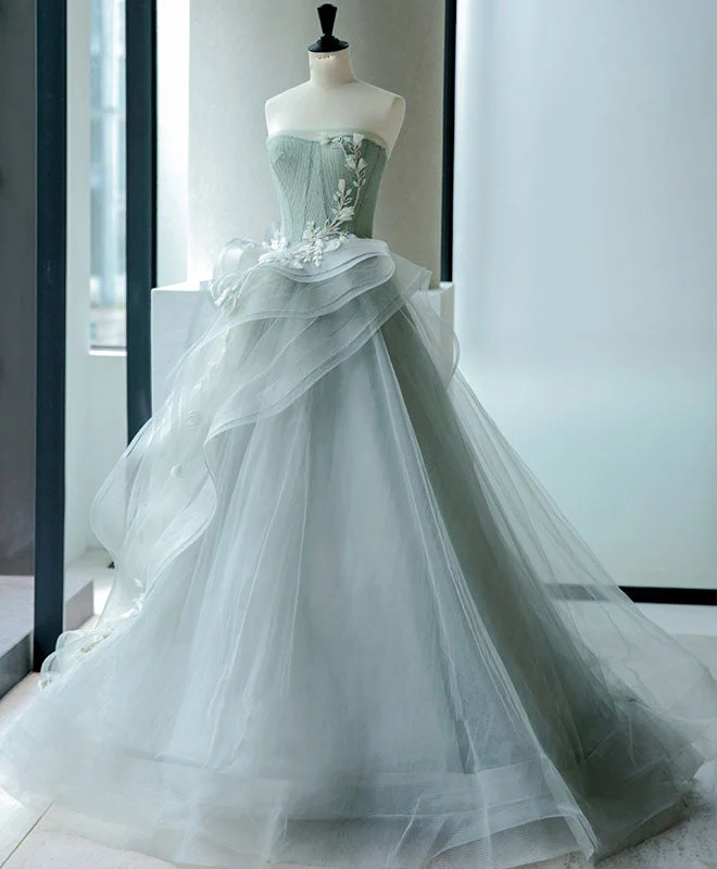 Superbe robe de soirée longue en tulle gris vert et dentelle