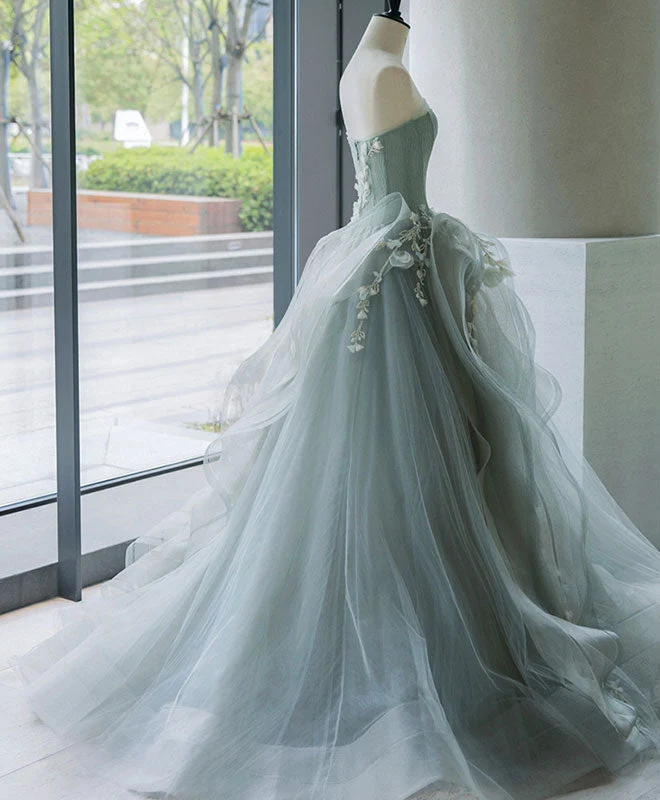 Superbe robe de soirée longue en tulle gris vert et dentelle
