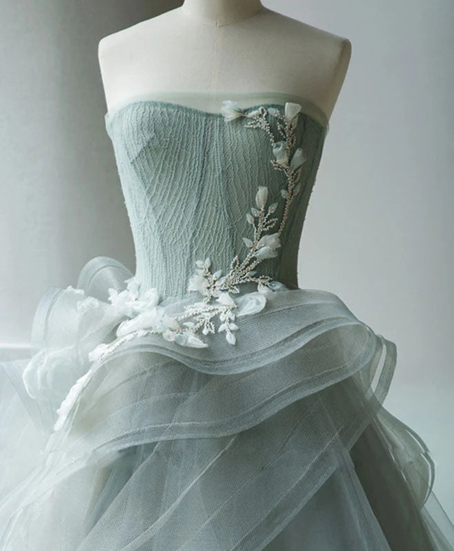 Superbe robe de soirée longue en tulle gris vert et dentelle