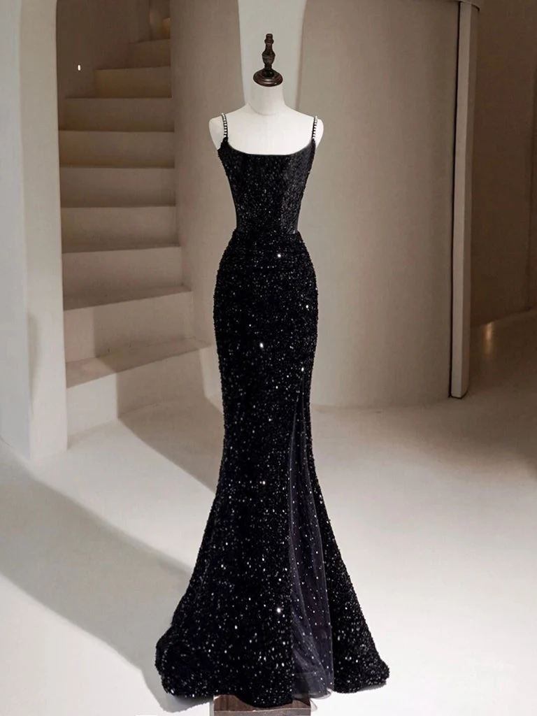 Robe de bal longue noire en velours à paillettes style sirène