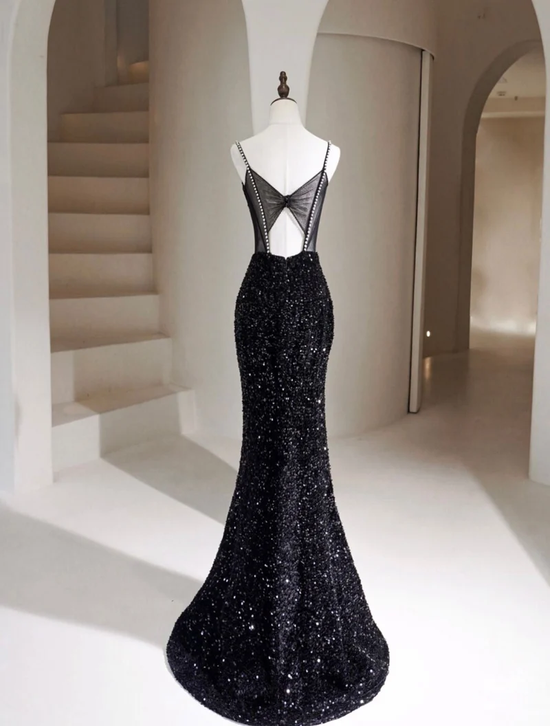 Robe de bal longue noire en velours à paillettes style sirène
