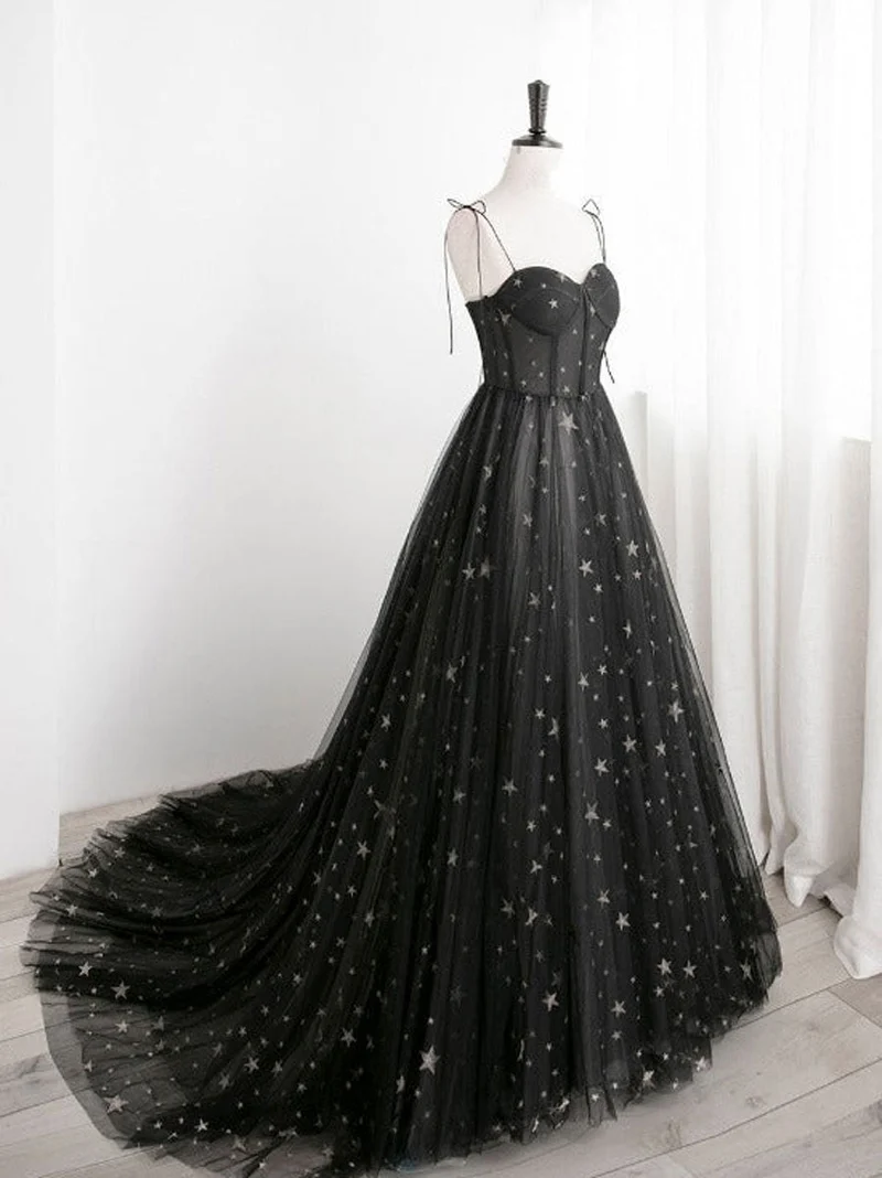 Robe de soirée longue en tulle noir, coupe trapèze, décolleté en cœur
