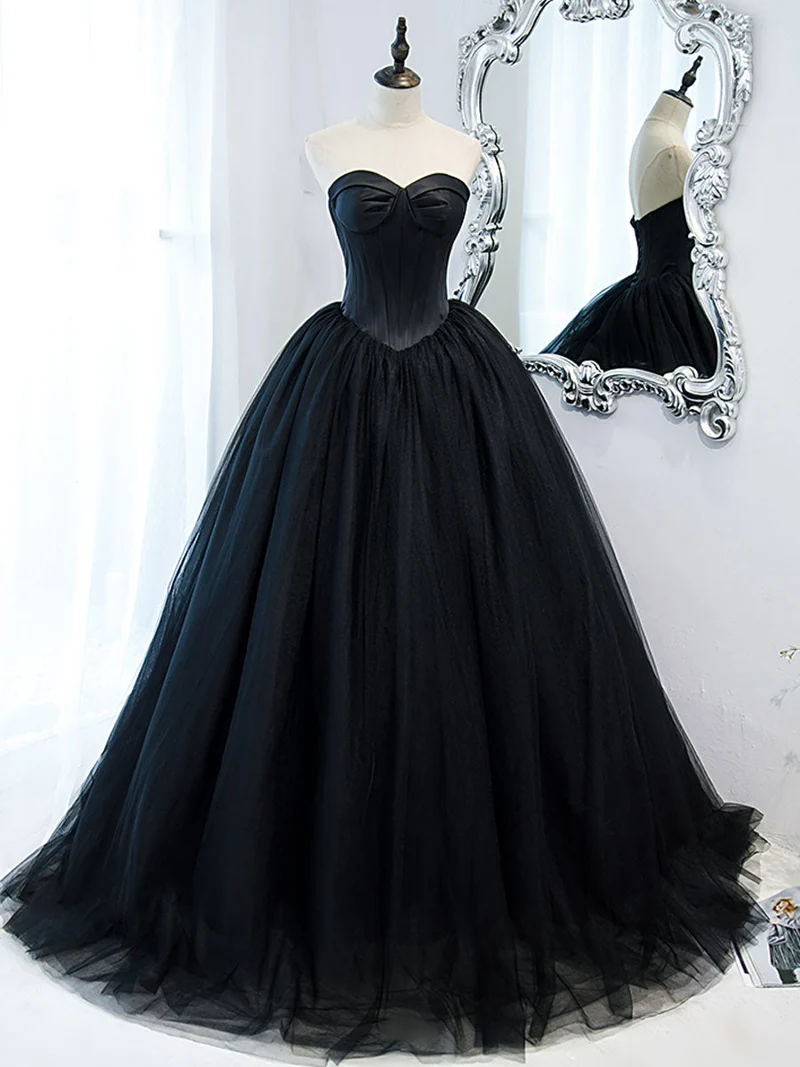 Robe de soirée longue en tulle, élégante et simple, noire, col en cœur