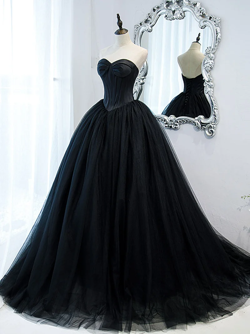 Robe de soirée longue en tulle, élégante et simple, noire, col en cœur