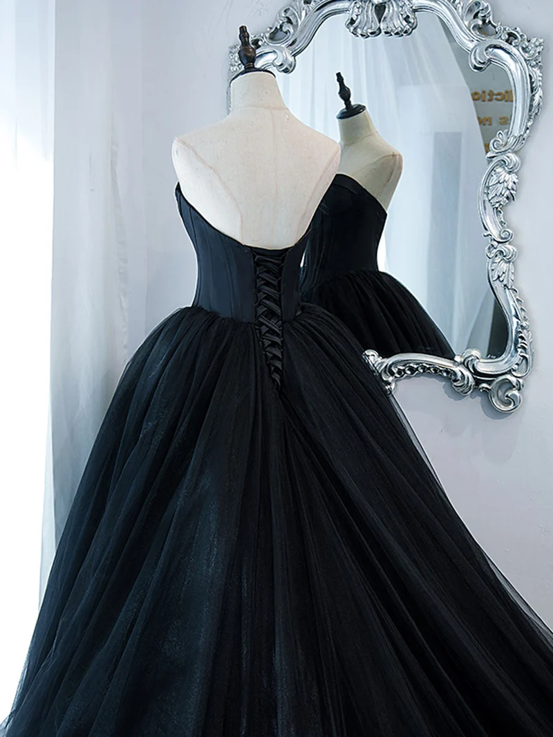 Robe de soirée longue en tulle, élégante et simple, noire, col en cœur