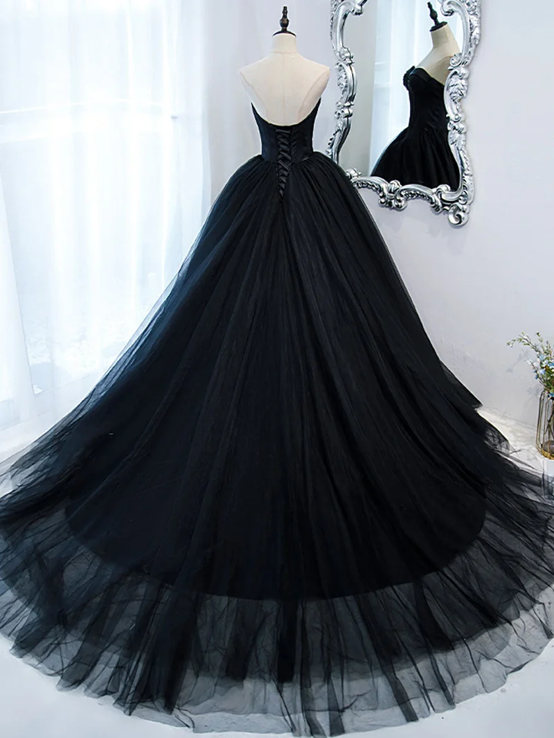 Robe de soirée longue en tulle, élégante et simple, noire, col en cœur