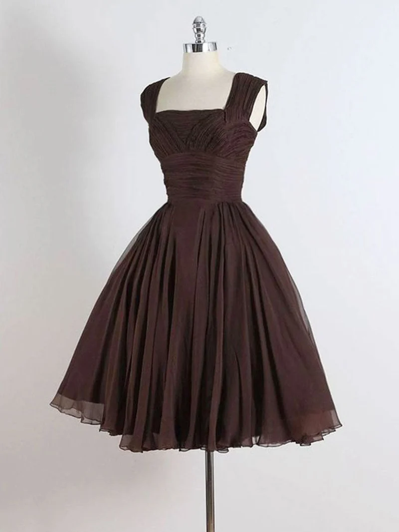 Robe de bal courte marron trapèze, longueur genou, pour femme