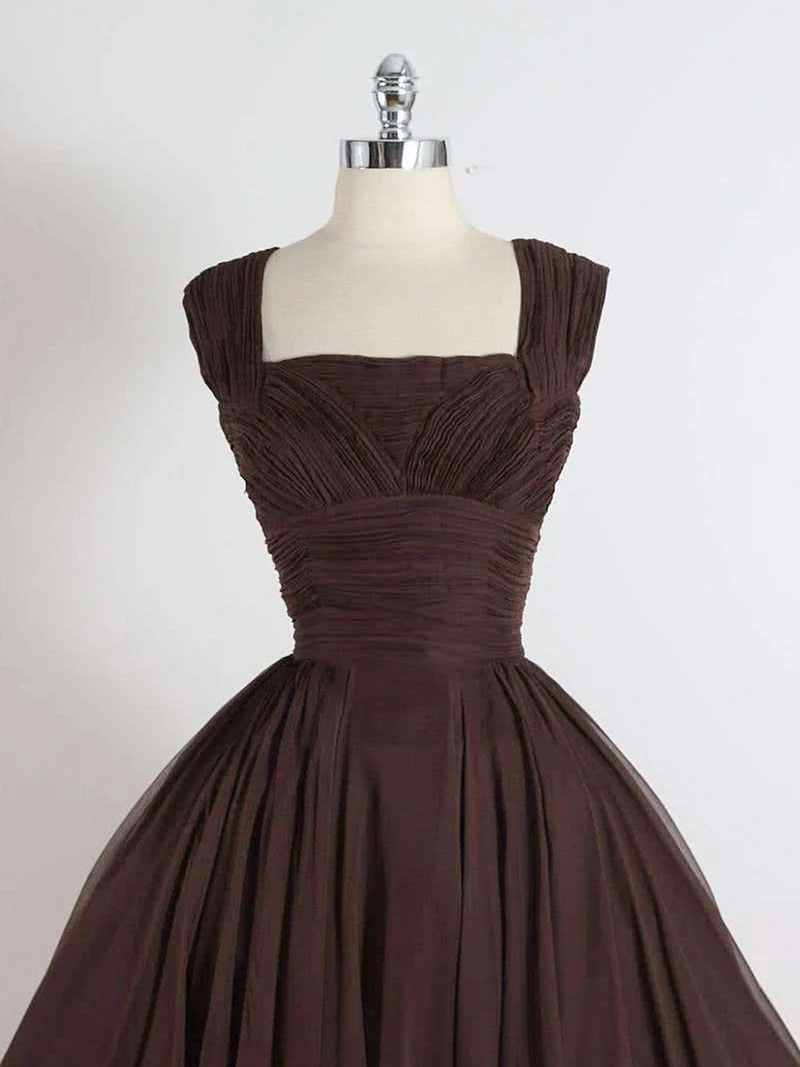 Robe de bal courte marron trapèze, longueur genou, pour femme