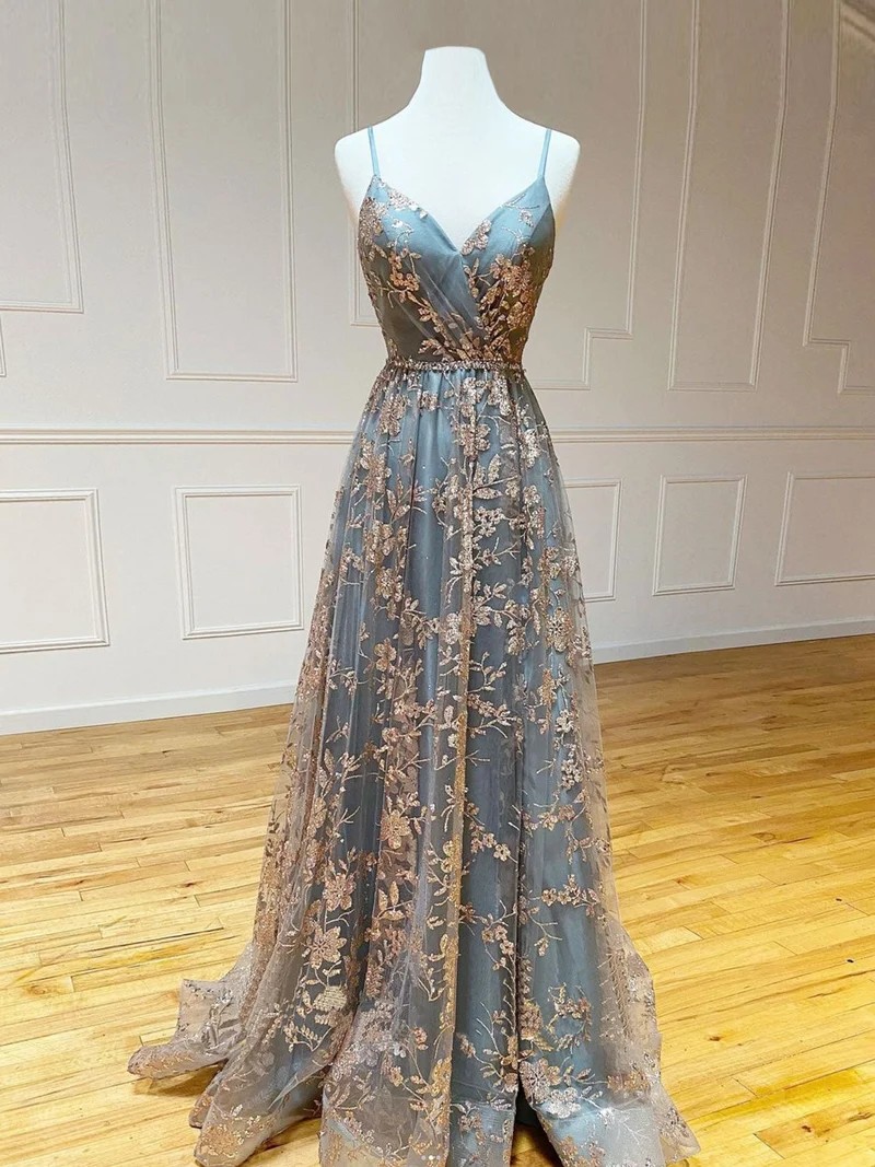 Robe de bal longue en tulle à paillettes, coupe trapèze, col en V, dos nu
