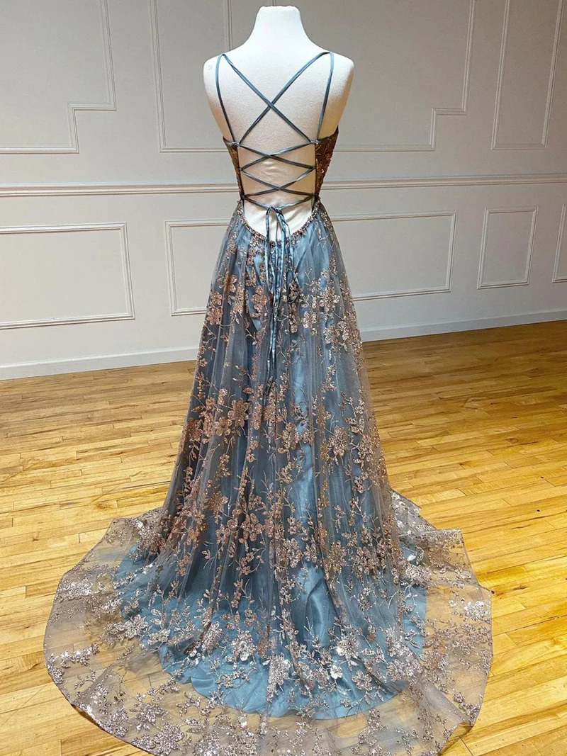 Robe de bal longue en tulle à paillettes, coupe trapèze, col en V, dos nu
