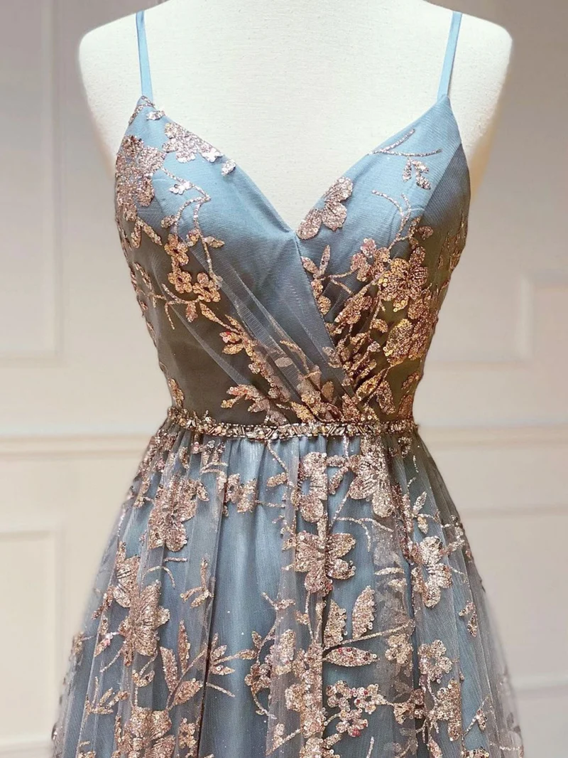 Robe de bal longue en tulle à paillettes, coupe trapèze, col en V, dos nu