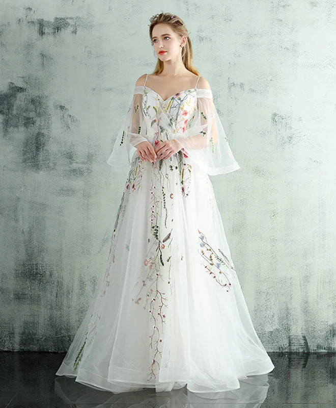 Robe de soirée longue blanche en tulle et dentelle à col en V