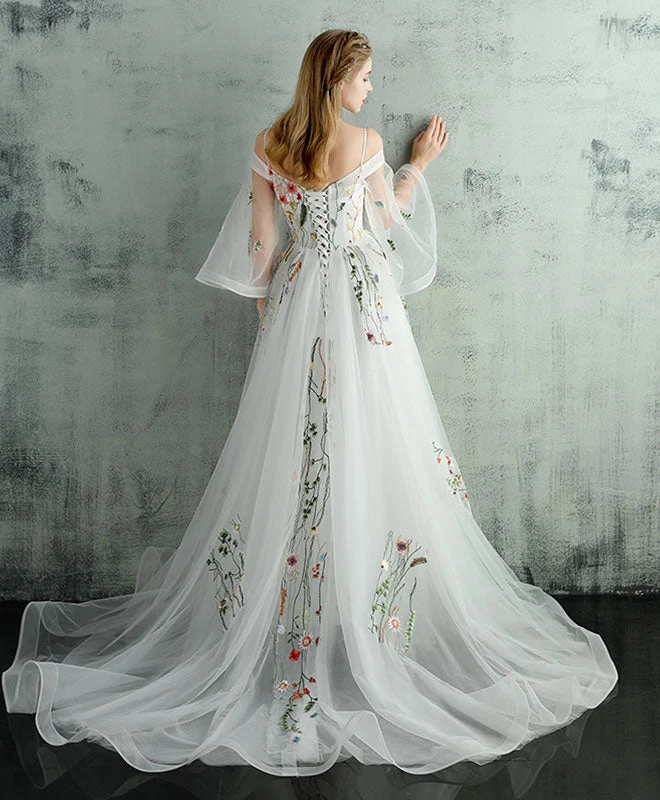 Robe de soirée longue blanche en tulle et dentelle à col en V