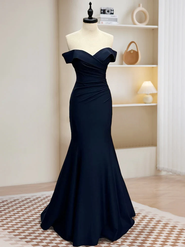 Robe de bal longue sirène en satin bleu foncé