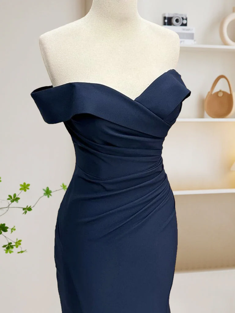 Robe de bal longue sirène en satin bleu foncé