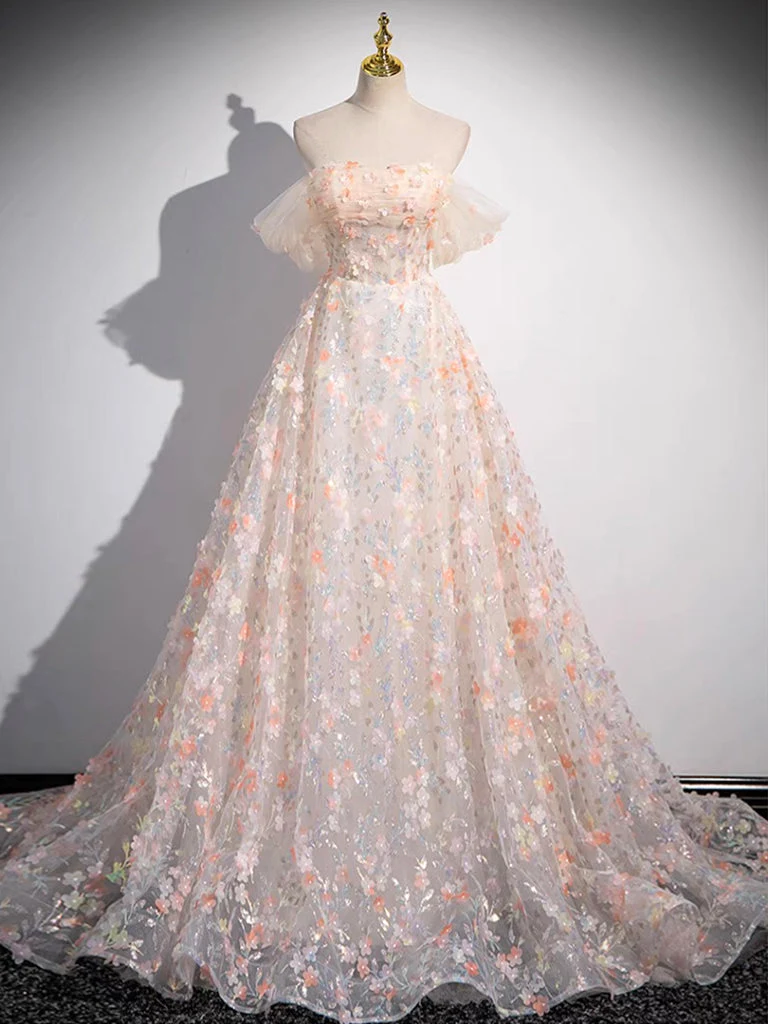 Robe de bal longue champagne en tulle et dentelle à épaules dénudées