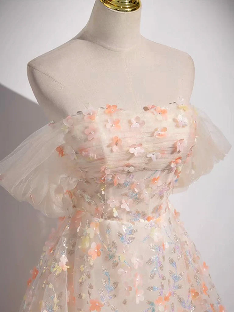Robe de bal longue champagne en tulle et dentelle à épaules dénudées