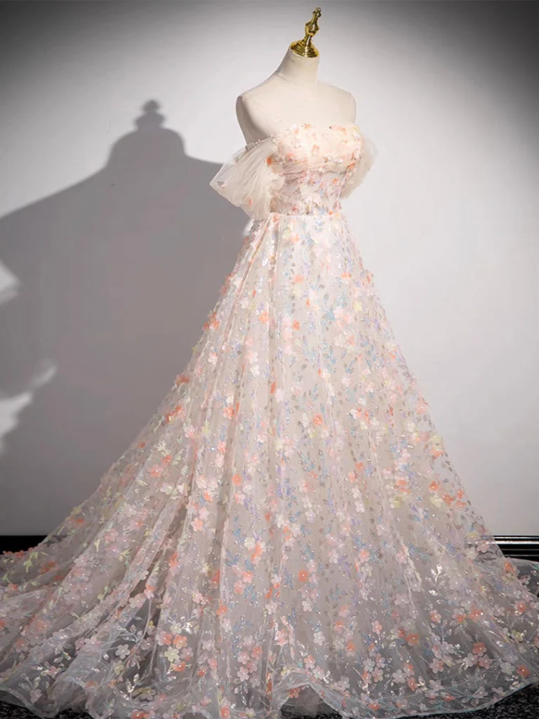 Robe de bal longue champagne en tulle et dentelle à épaules dénudées