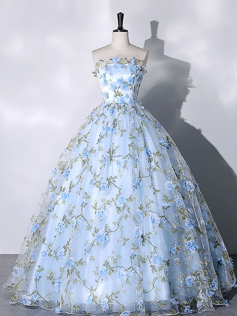 Robe de bal longue en tulle bleu élégant pour les 16 ans
