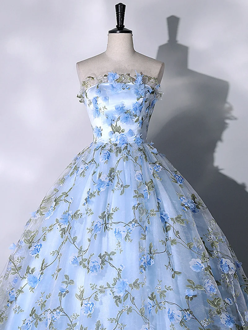 Robe de bal longue en tulle bleu élégant pour les 16 ans