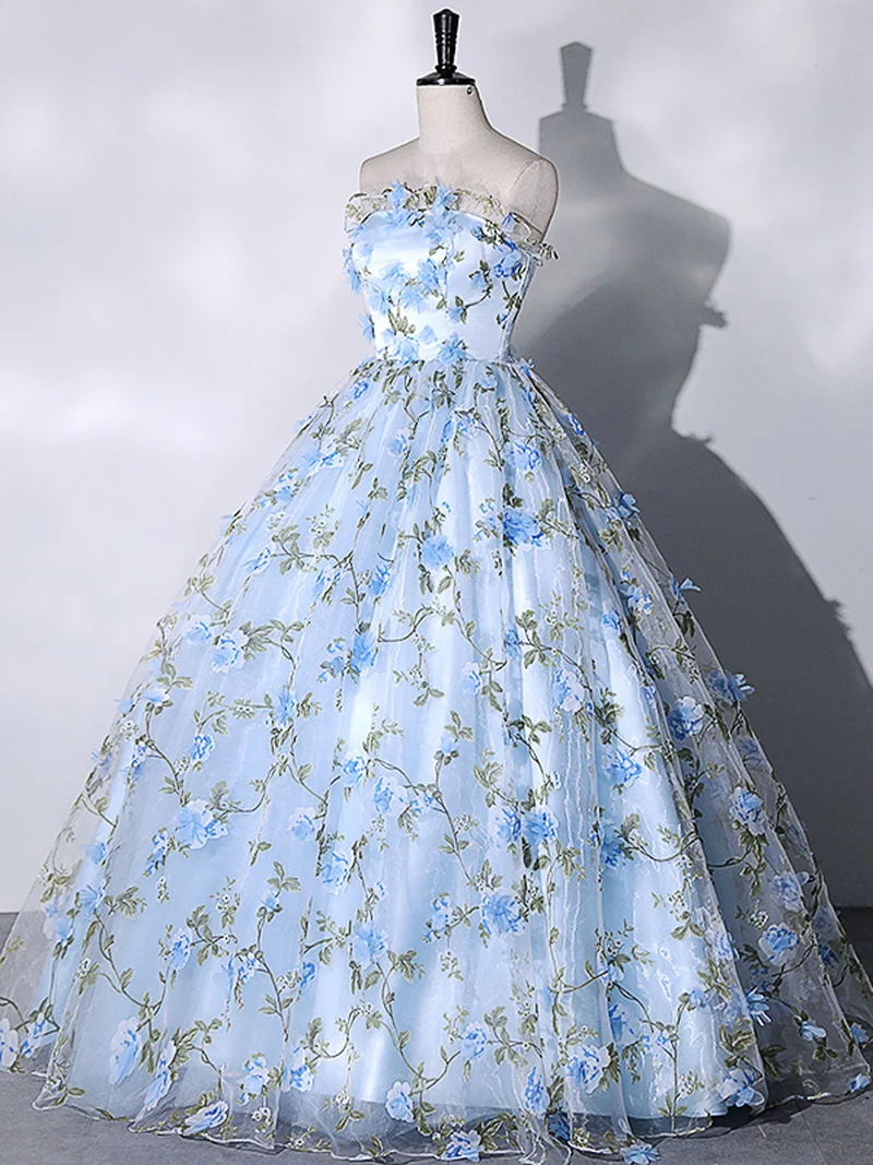 Robe de bal longue en tulle bleu élégant pour les 16 ans