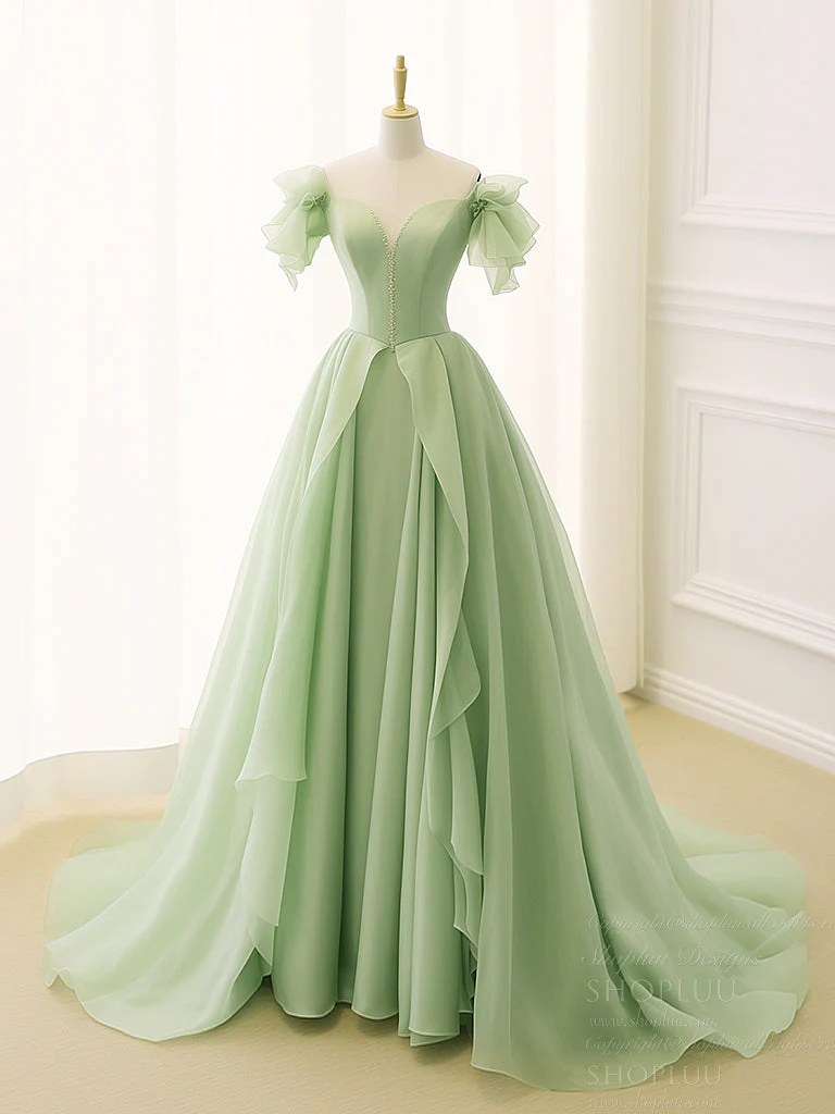 Robe de bal longue bouffante en organza vert pour cérémonies de remise de diplômes et événements officiels