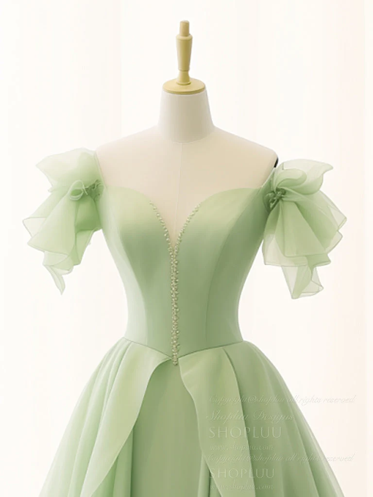 Robe de bal longue bouffante en organza vert pour cérémonies de remise de diplômes et événements officiels