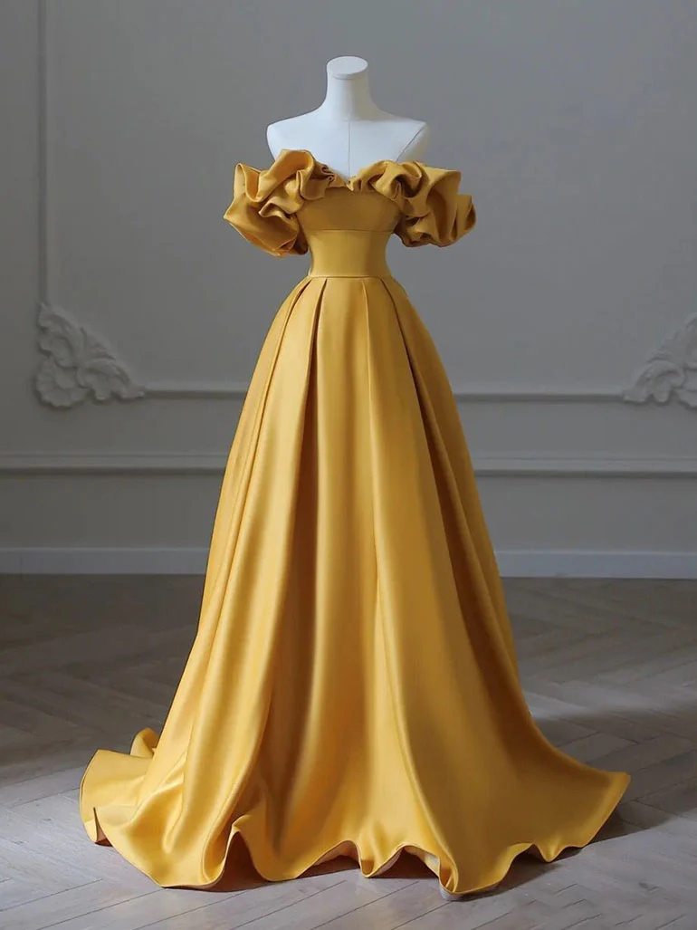 Superbe robe de bal Aline en satin jaune pour événements et fêtes