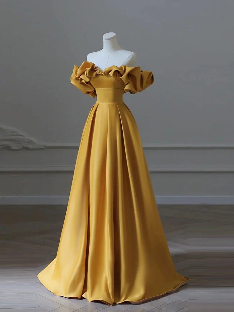 Superbe robe de bal Aline en satin jaune pour événements et fêtes