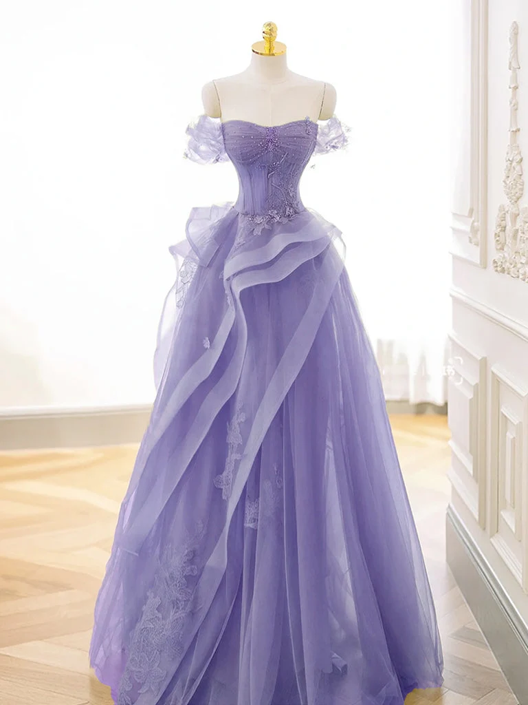 Superbe robe de bal violette en tulle et dentelle, coupe trapèze, épaules dénudées